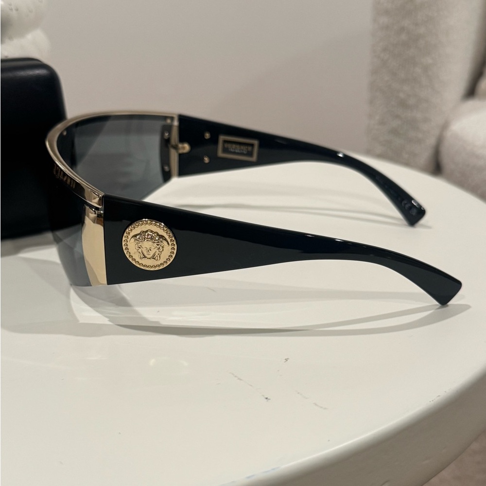 Versace Black and Gold Sunglasses with Sporty Wraparound Style